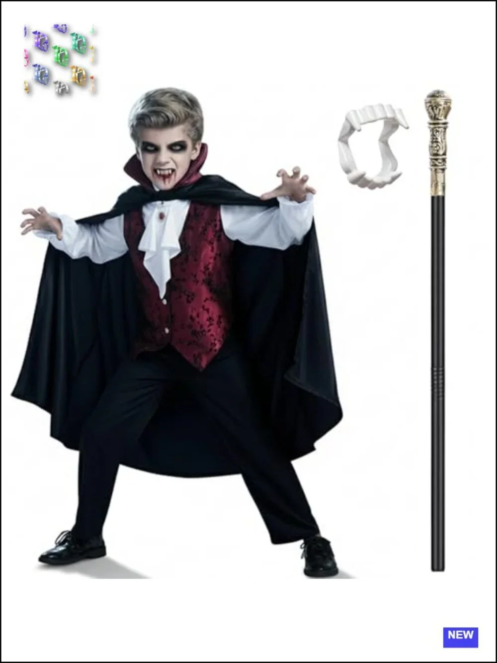 Kids Vampire Costume with Cape, Shirt, Pants, Cane & Teeth - Halloween